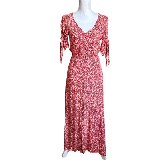 H&M Crepe Red Floral Button Dress Tie Sleeve Size 2 - Picture 2 of 16